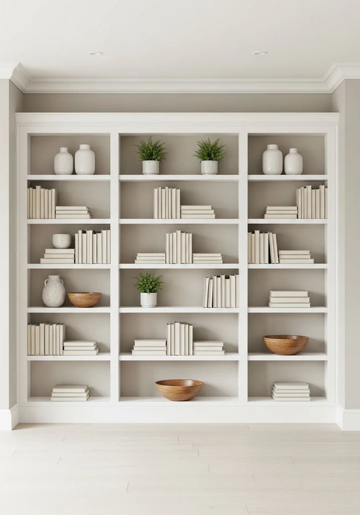 White built in bookshelf with books, plants, and simple decor
