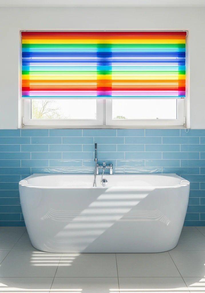 Bright bathroom with rainbow striped roller blinds