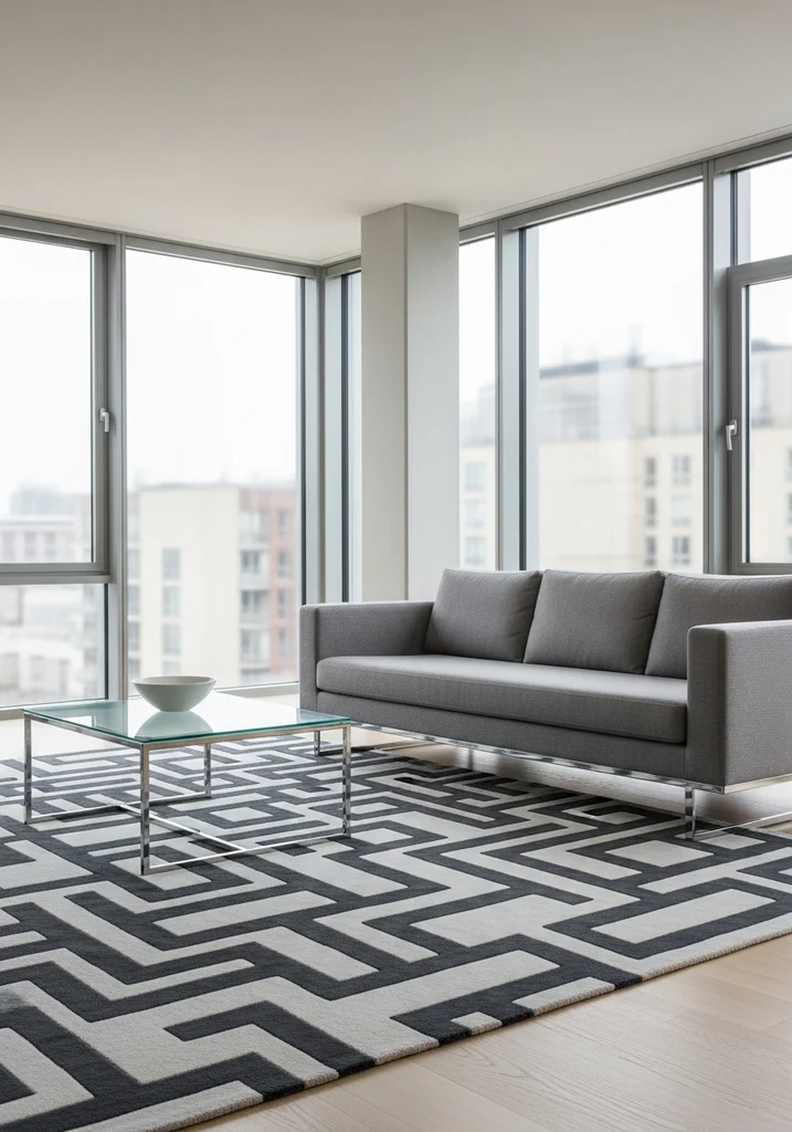 Modern living room with geometric rug and big windows