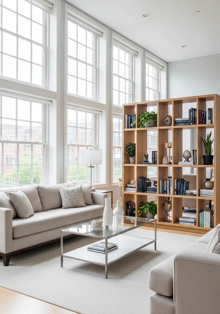 Light living room with airy furniture and big windows