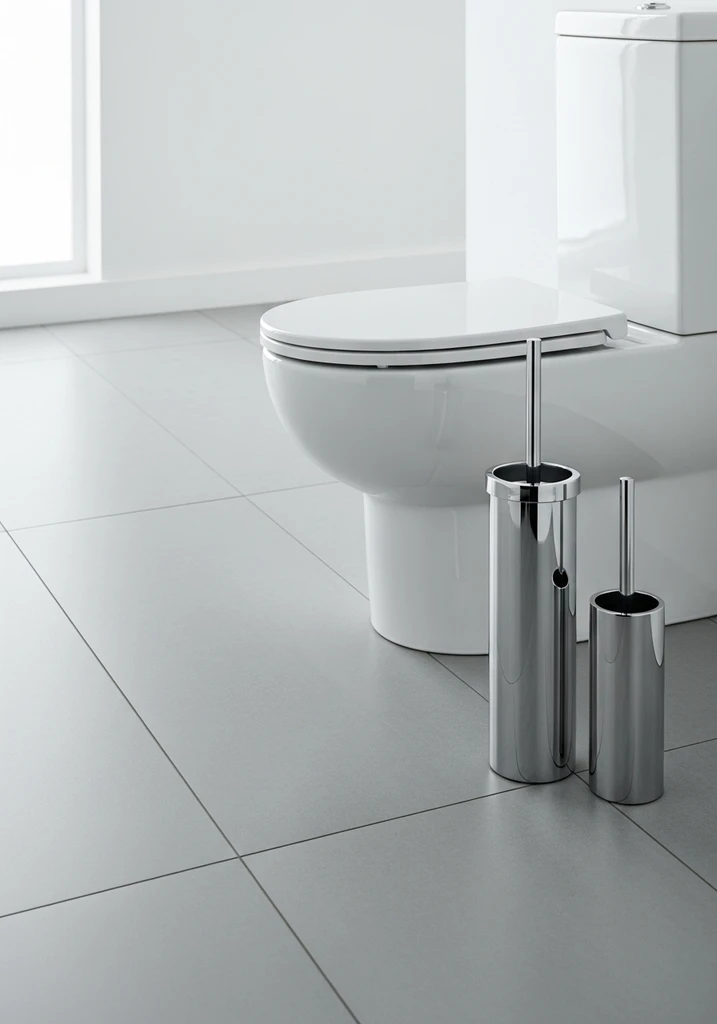 Polished chrome toilet brush holder and plunger set next to white toilet