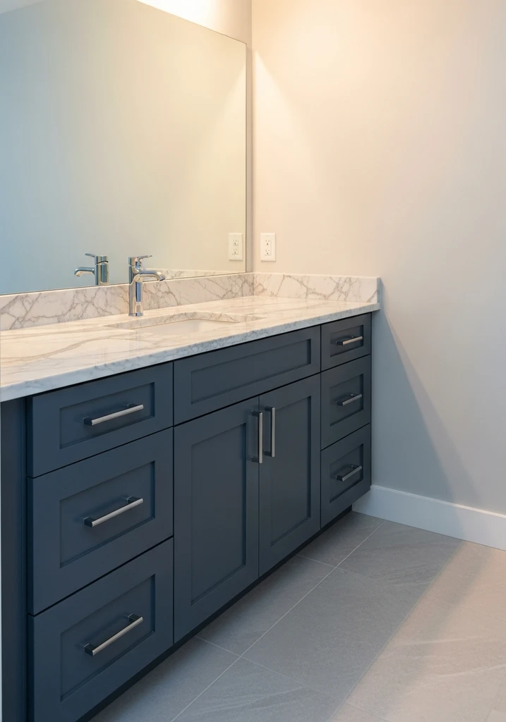 Dark blue bathroom vanity with polished chrome bar pulls and marble top