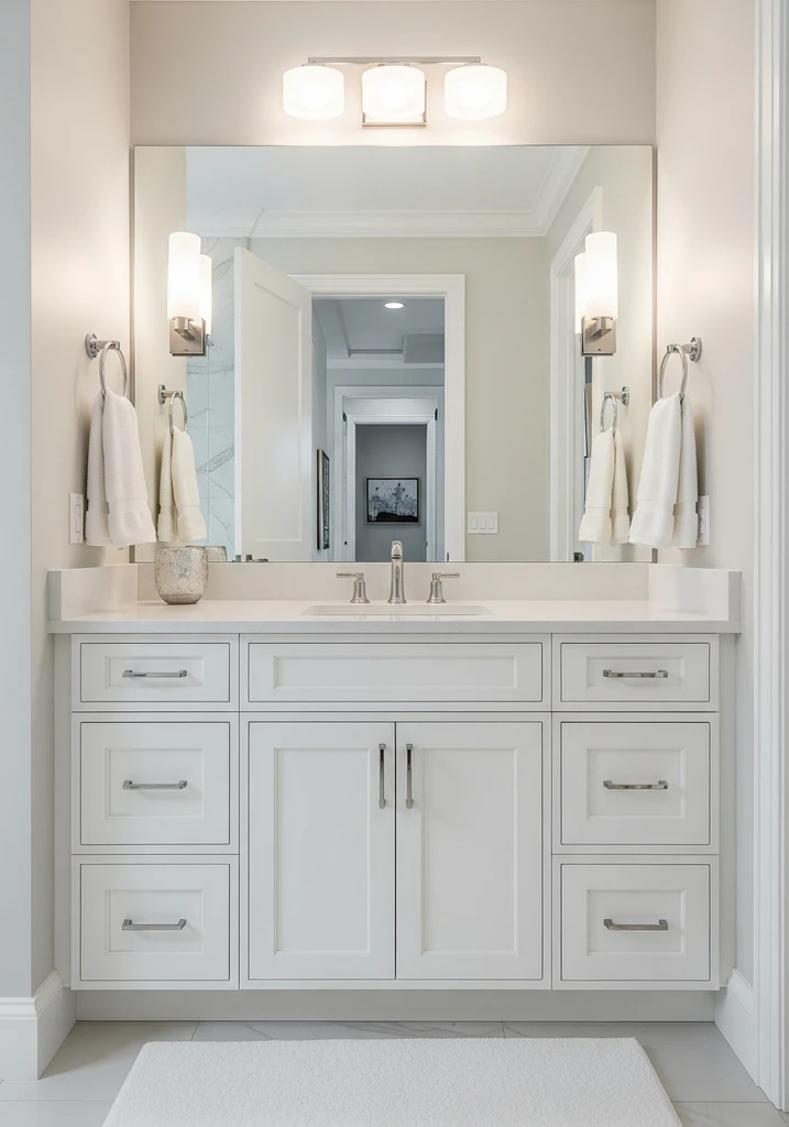 White vanity with polished chrome trim and white quartz countertop