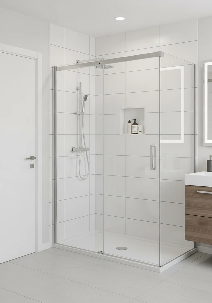 Glass shower door with slim polished chrome frame and integrated handle