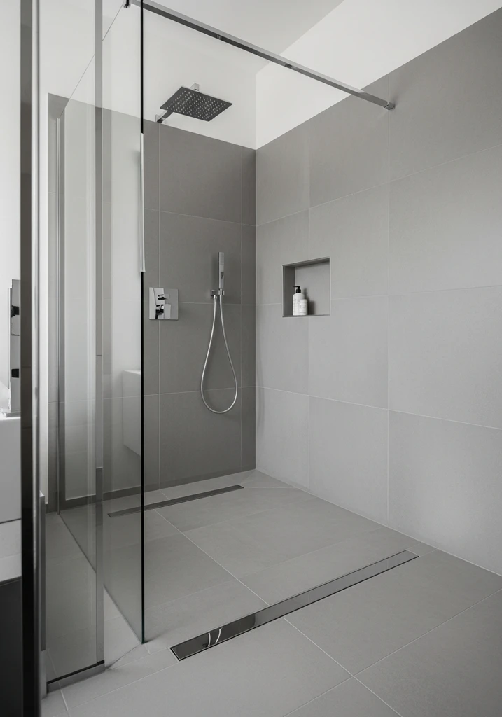 Polished chrome linear drain grate on gray porcelain tiled shower floor