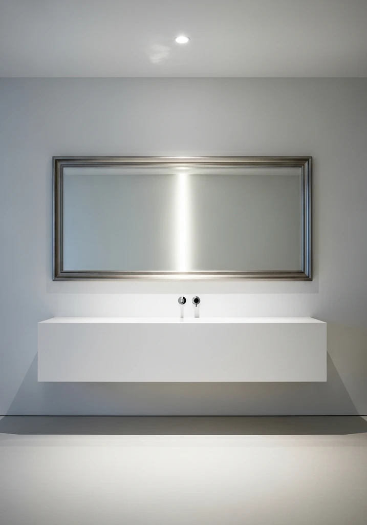 Rectangular polished chrome framed mirror over white floating vanity