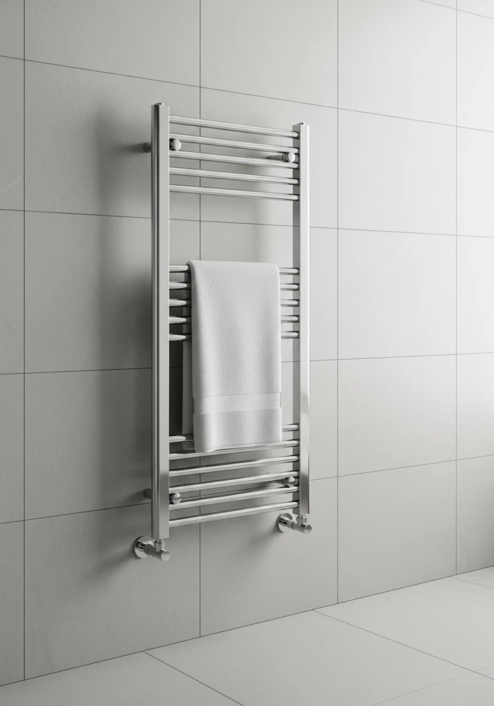 Polished chrome heated towel rail with white towel on gray wall