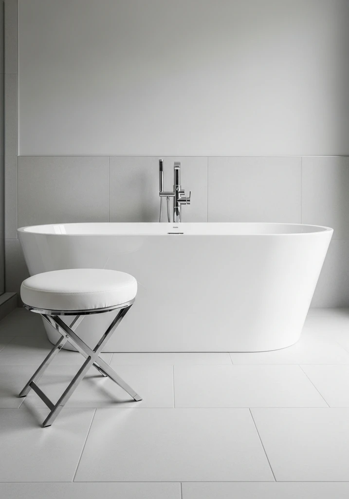 Small round stool with polished chrome legs and white top next to bathtub