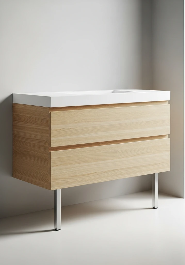 Floating white vanity with light wood base and polished chrome legs