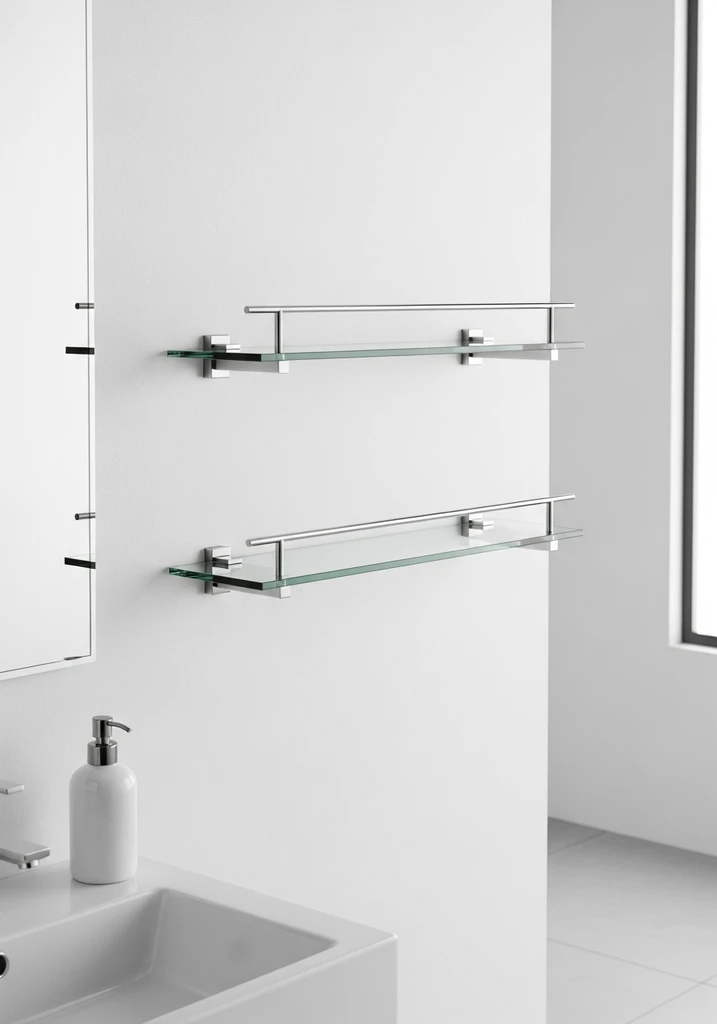 Floating glass shelves with polished chrome brackets on white wall