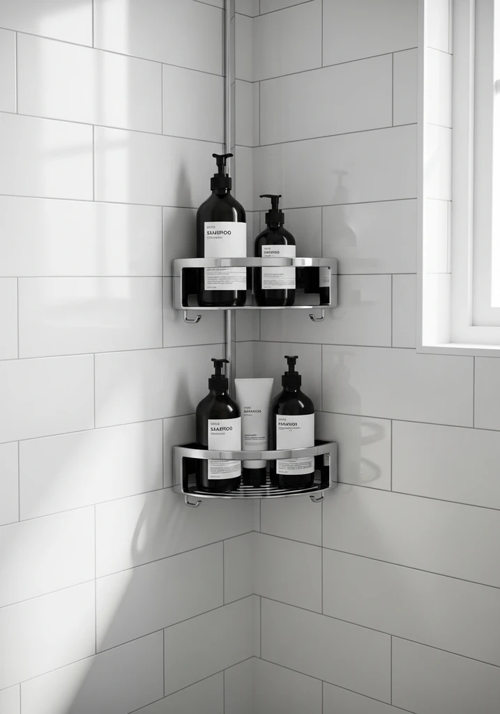 Polished chrome corner shower caddy on white subway tiles with bottles