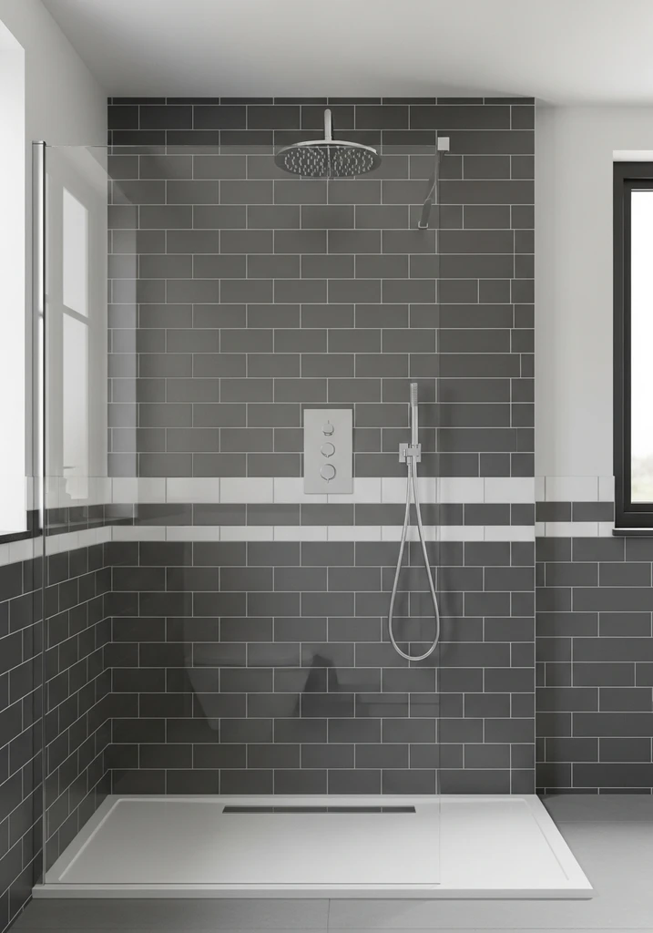 Polished chrome rain showerhead and controls on dark gray subway tiles