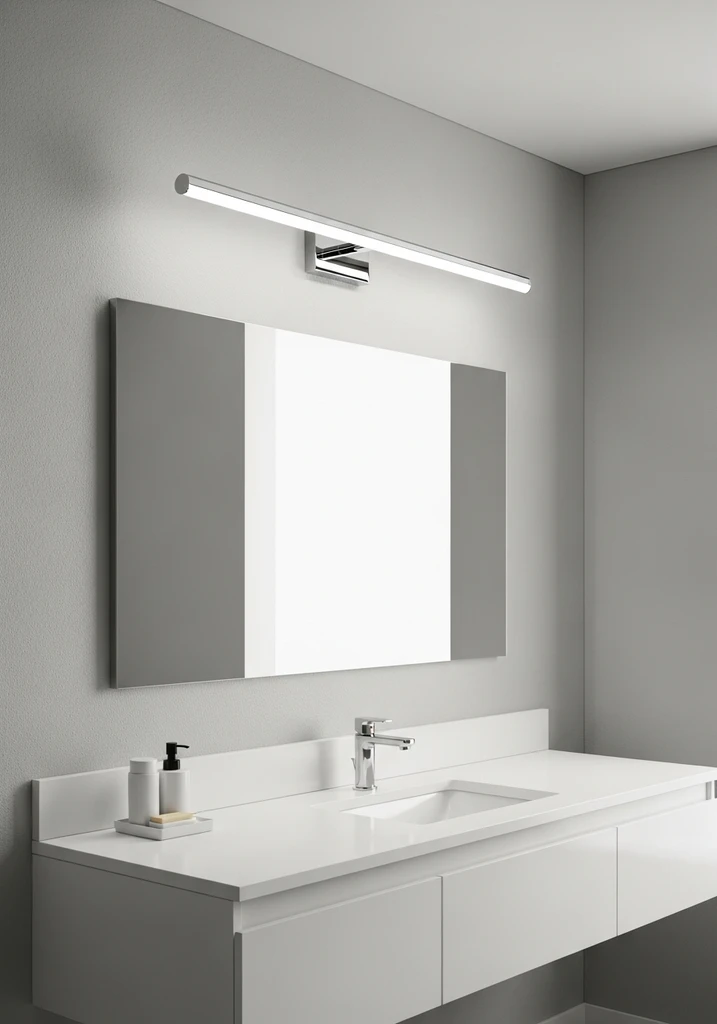 Polished chrome bar light fixture above a white vanity and mirror