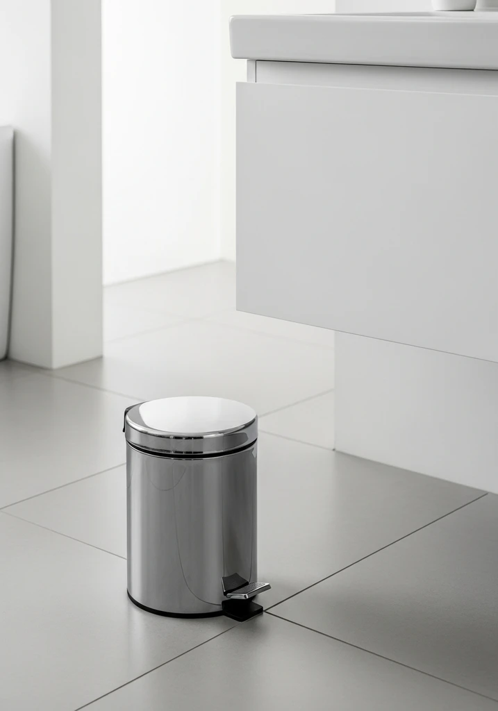 Sleek polished chrome pedal wastebasket on light gray tile floor