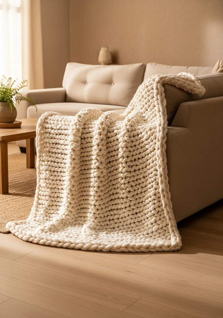 Cream chunky knit blanket draped on a sofa