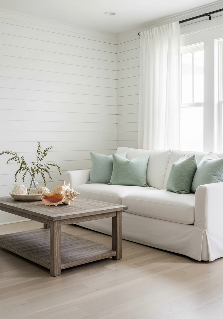 Coastal living room with white shiplap and seafoam green accents