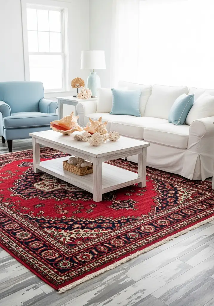 Coastal living room with red Persian rug, white linen sofa, and light blue armchair.