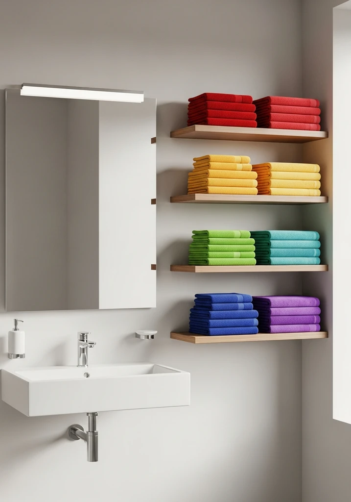 Contemporary bathroom with open shelves and rainbow colored towels