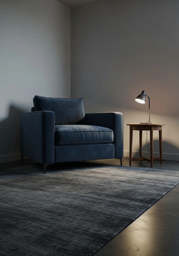 Plush dark blue velvet armchair in a corner