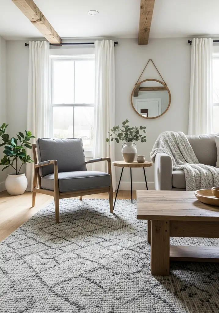 Gray upholstered armchair with wooden frame in a farmhouse modern living room