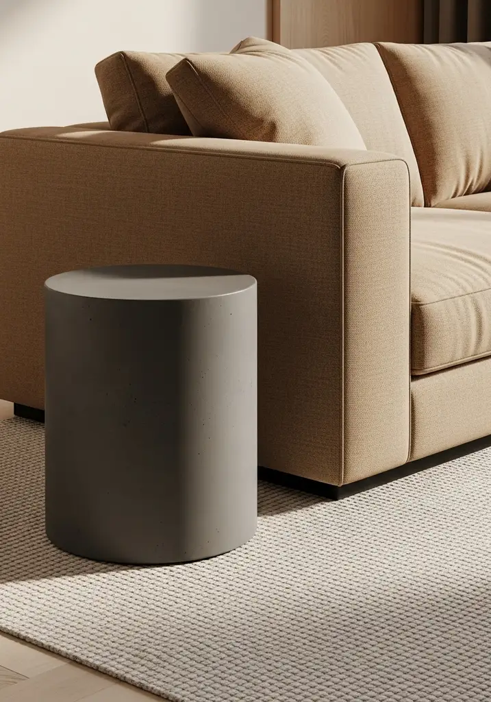 Polished concrete accent table next to sofa
