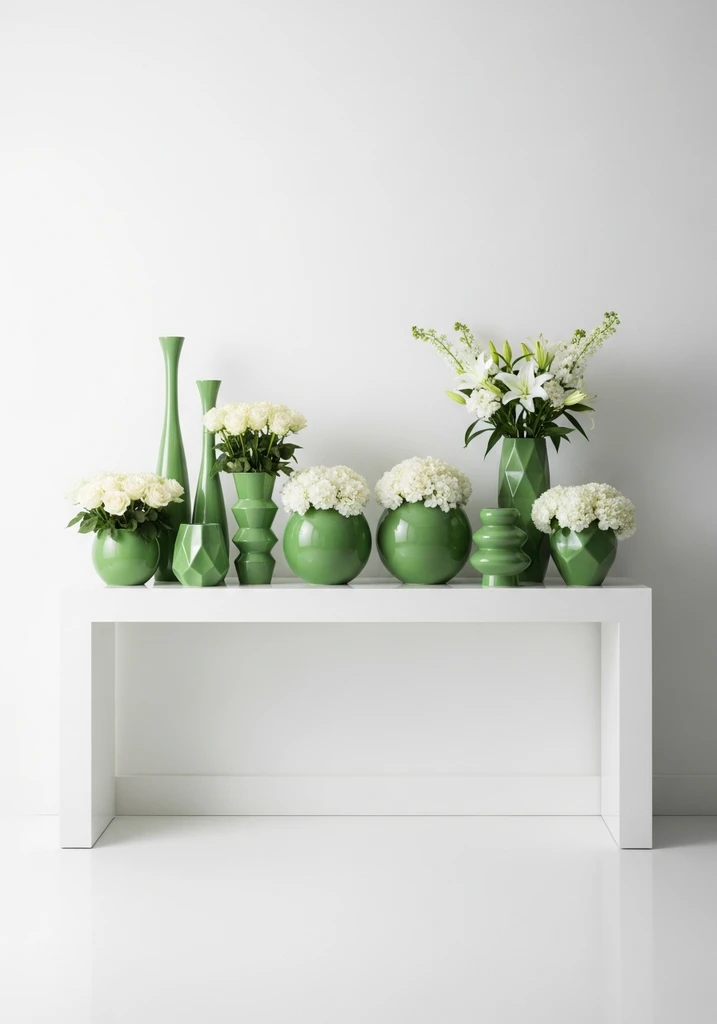 White console table with green vases and white flowers