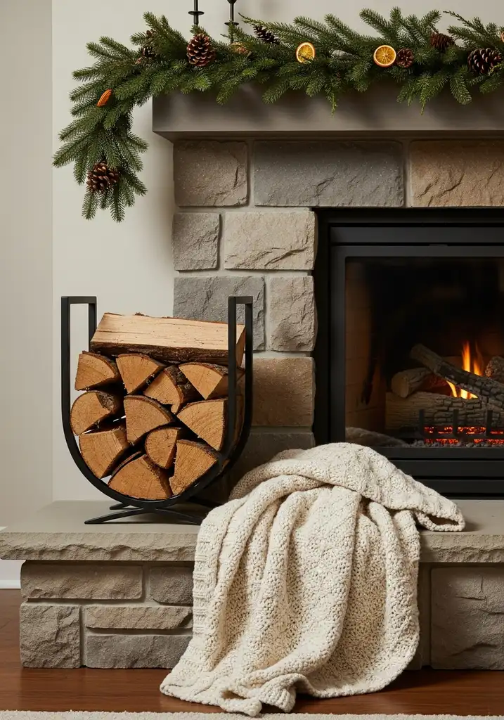 Cozy fireplace with stacked logs, knit blanket, and garland
