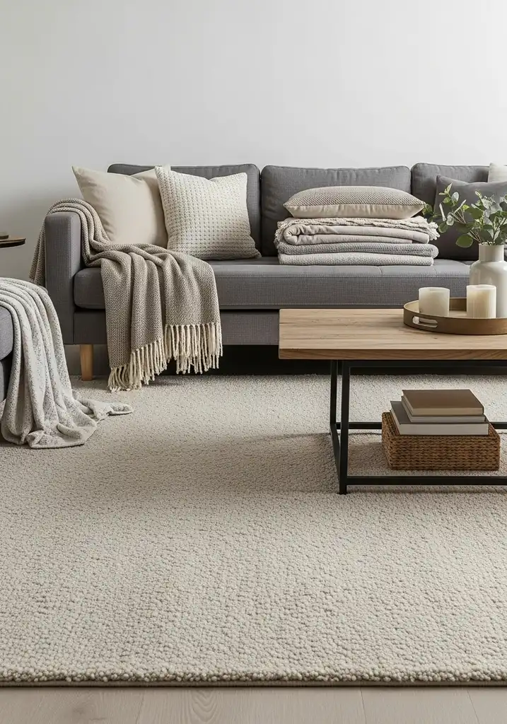 Large beige wool rug under a gray sofa and coffee table