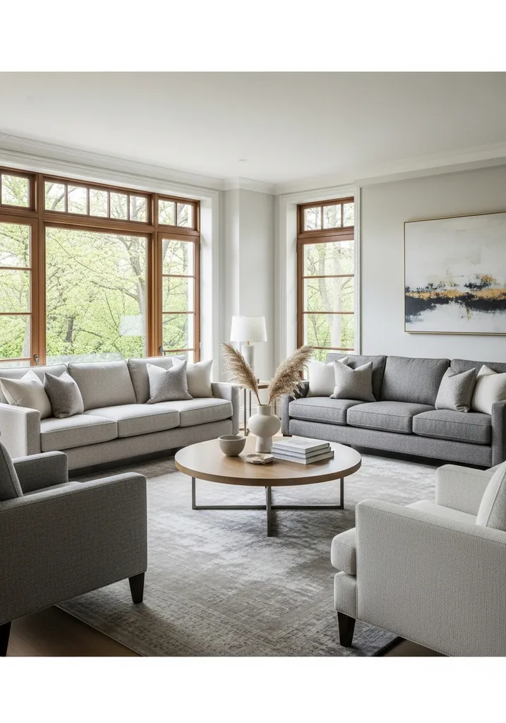 Living room with U-shaped conversation area by big windows
