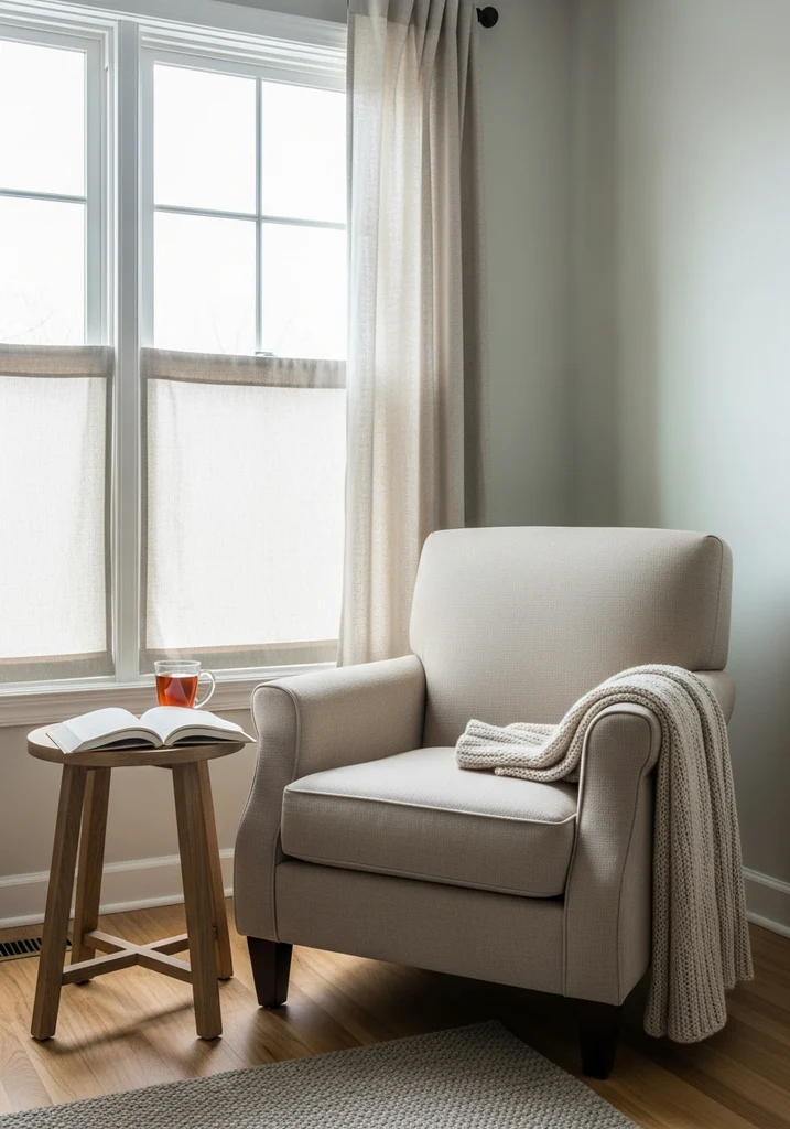 Cozy reading nook with beige armchair by a big window