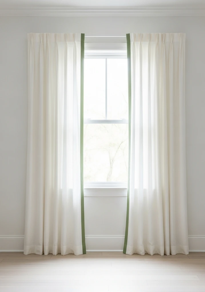 White curtains with green trim in a living room