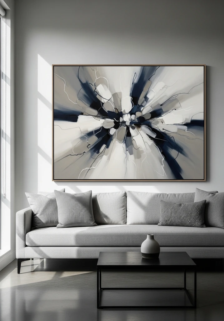 Large framed abstract painting in grays and navy