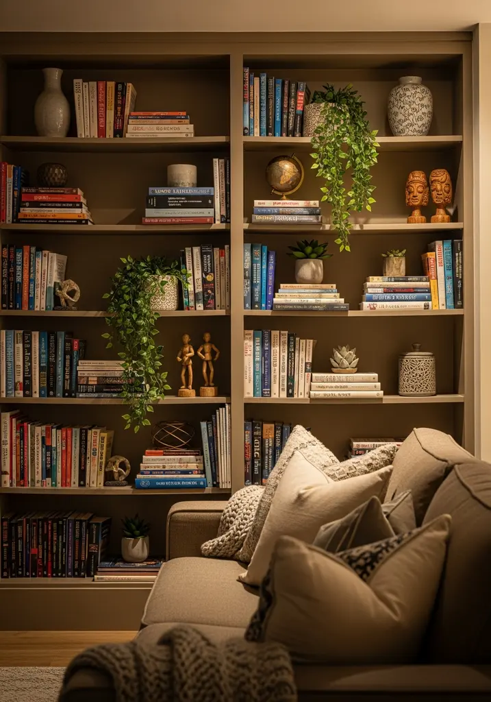 Built in bookshelf filled with books, plants, and decor