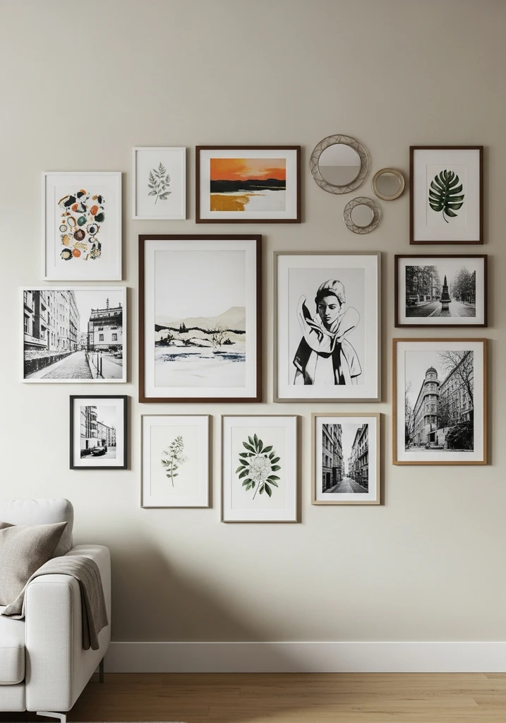 Gallery wall with mixed frames and art on a beige living room wall