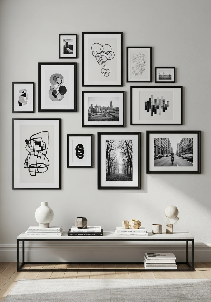 Gallery wall with various framed art prints
