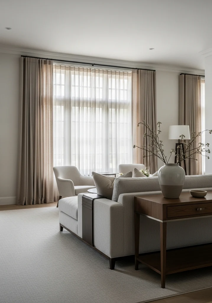 Living room with elegant floor length beige curtains