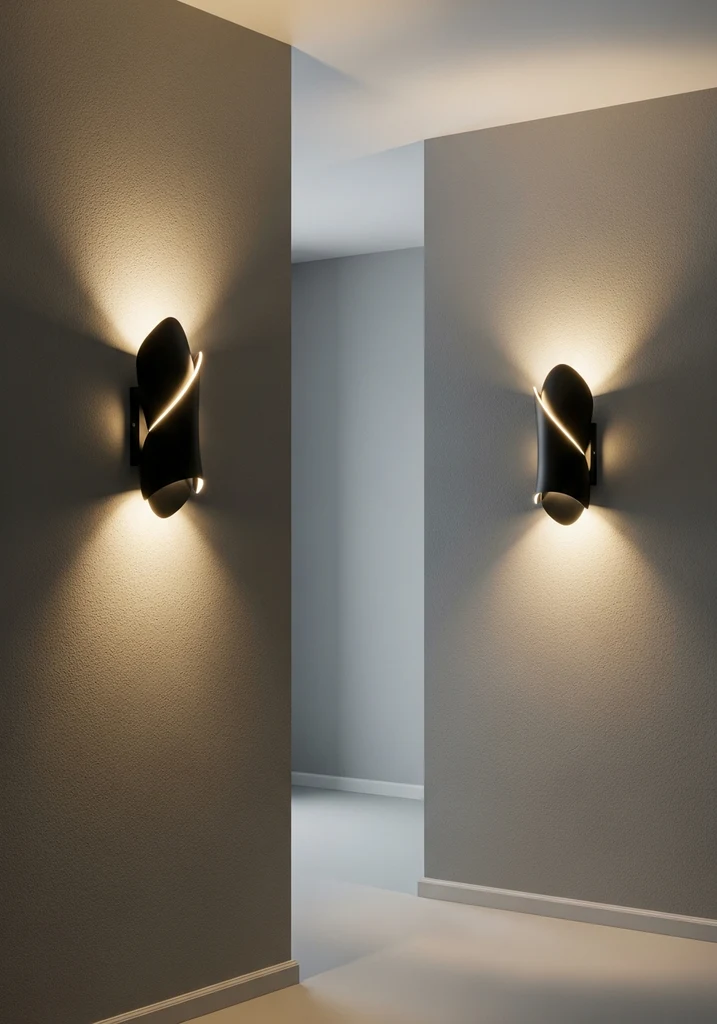 Two modern black sculptural wall sconces on a gray wall