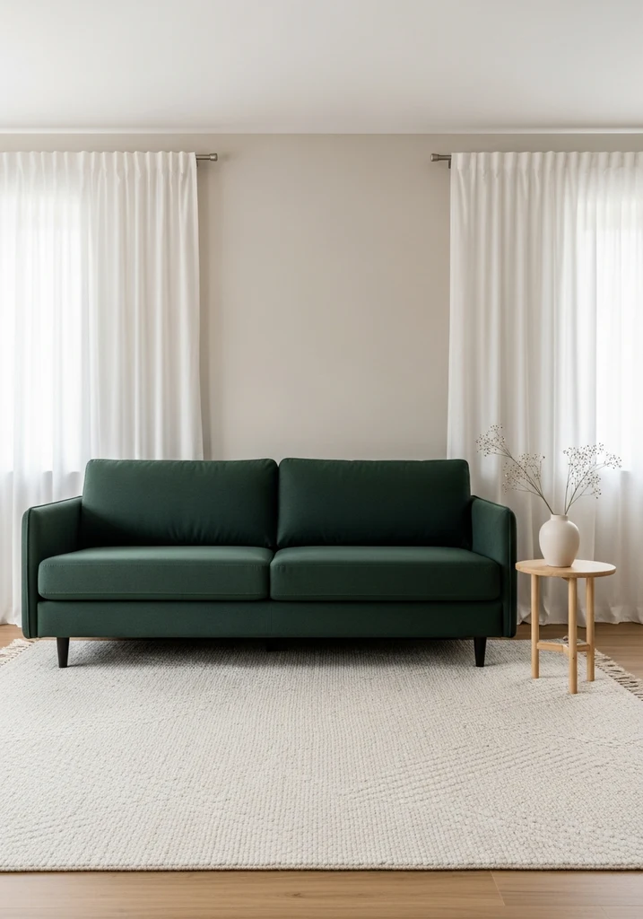 Deep green sofa in a neutral living room with beige and white accents