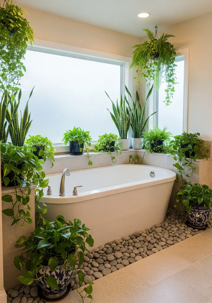 Deep soaking tub surrounded by river stones and plants