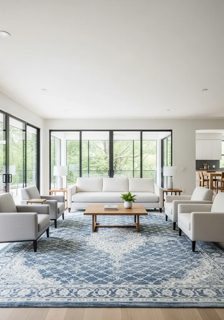 Open concept living room with blue and white rug