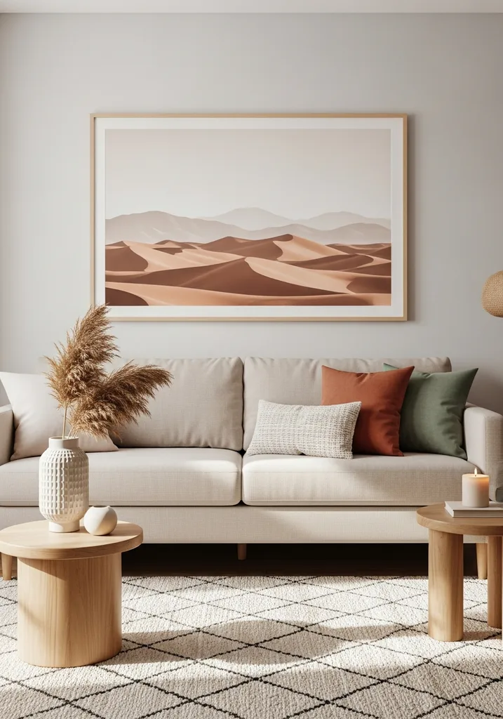 Large framed desert landscape art above a beige sofa