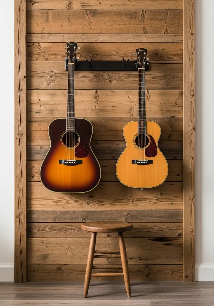 Two vintage acoustic guitars mounted on a rustic wooden wall