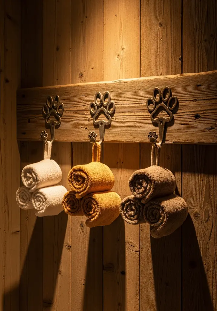 Rustic bathroom wall with dog paw print hooks and towels