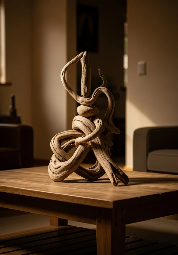 Sculptural driftwood pieces on a coffee table