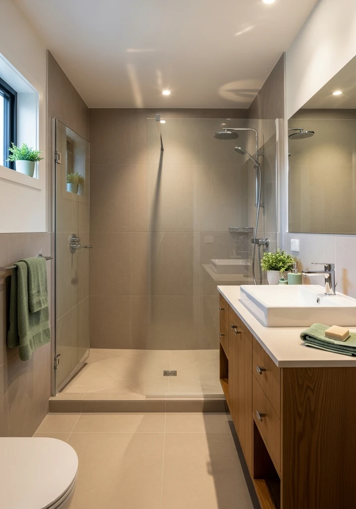 Bathroom with earth tone color palette and wooden vanity
