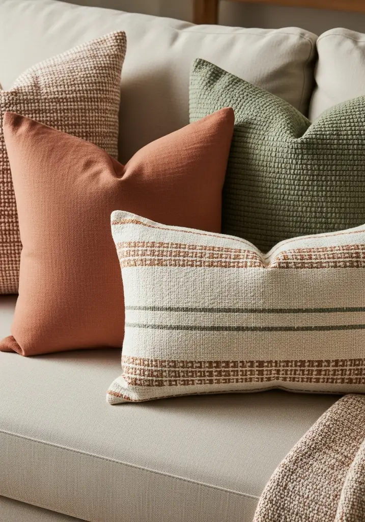 Earth toned throw pillows on a beige sofa