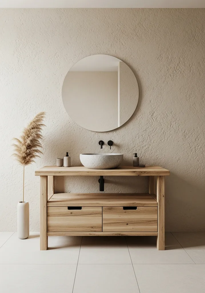 Bathroom with textured beige walls, wooden vanity, and stone basin