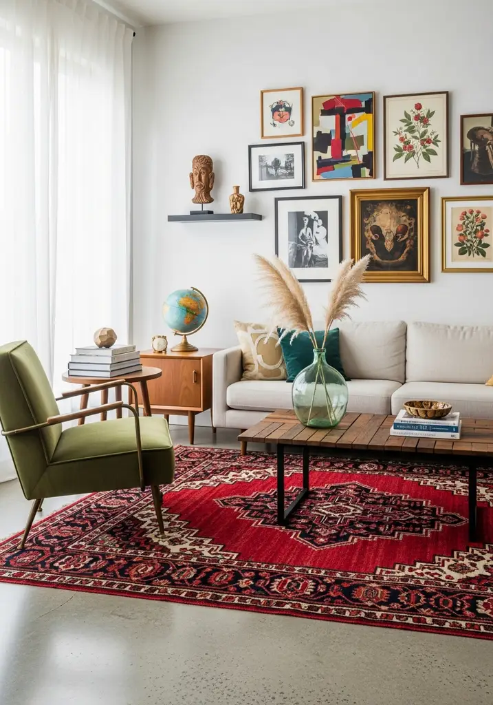 Eclectic living room with red Persian rug, mixed furniture, and gallery wall art.