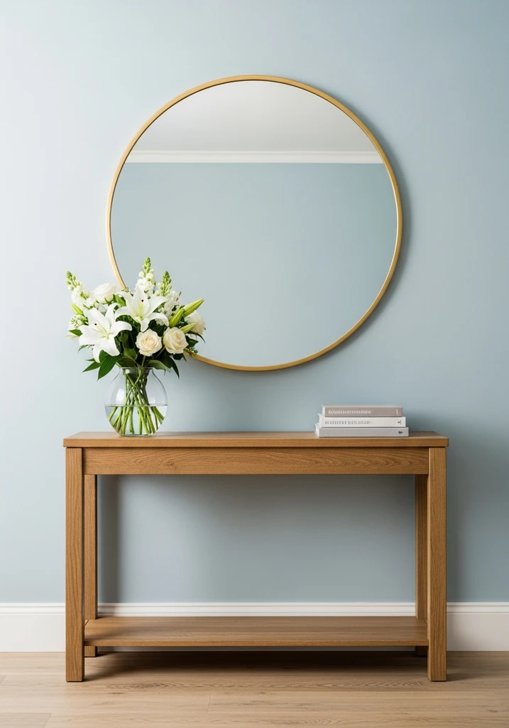 Wooden console table with round gold mirror and white flowers