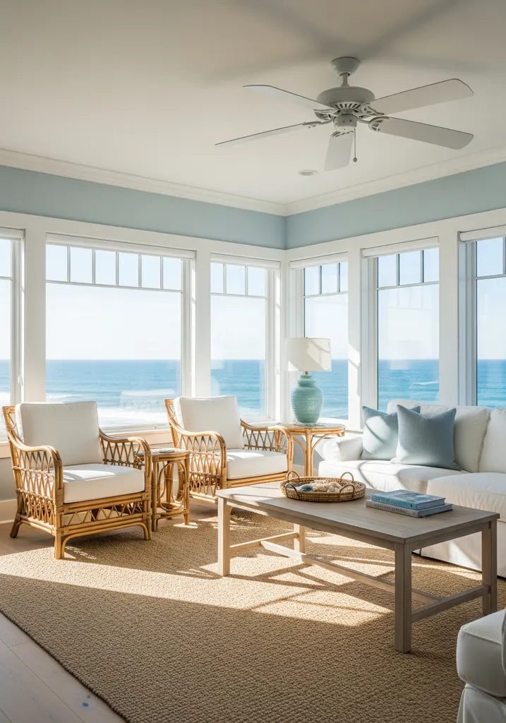 Coastal living room with ocean view and big windows